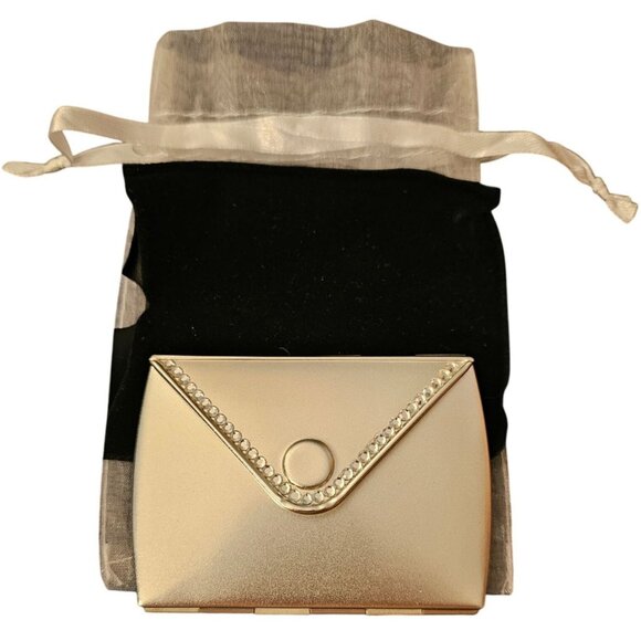 Gold Compact Mirror With Rhinestone Trim & Organza Bag For Purse Or Travel - Picture 2 of 7
